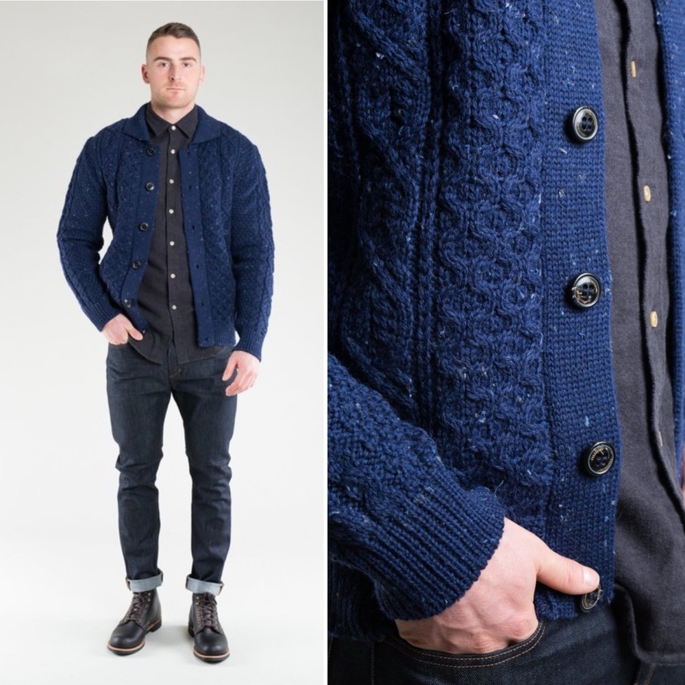 Peregrine Mens Anderson Cardigan Sweater Wool Cable Knit Blue Button Front Med